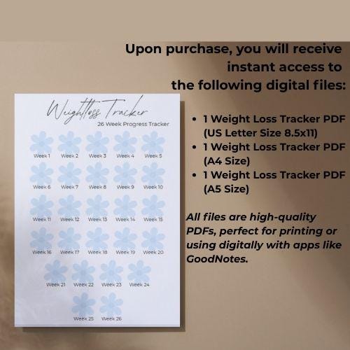 26-Week Weight Loss Tracker: Blue Floral Design (Digital Download, PDF)