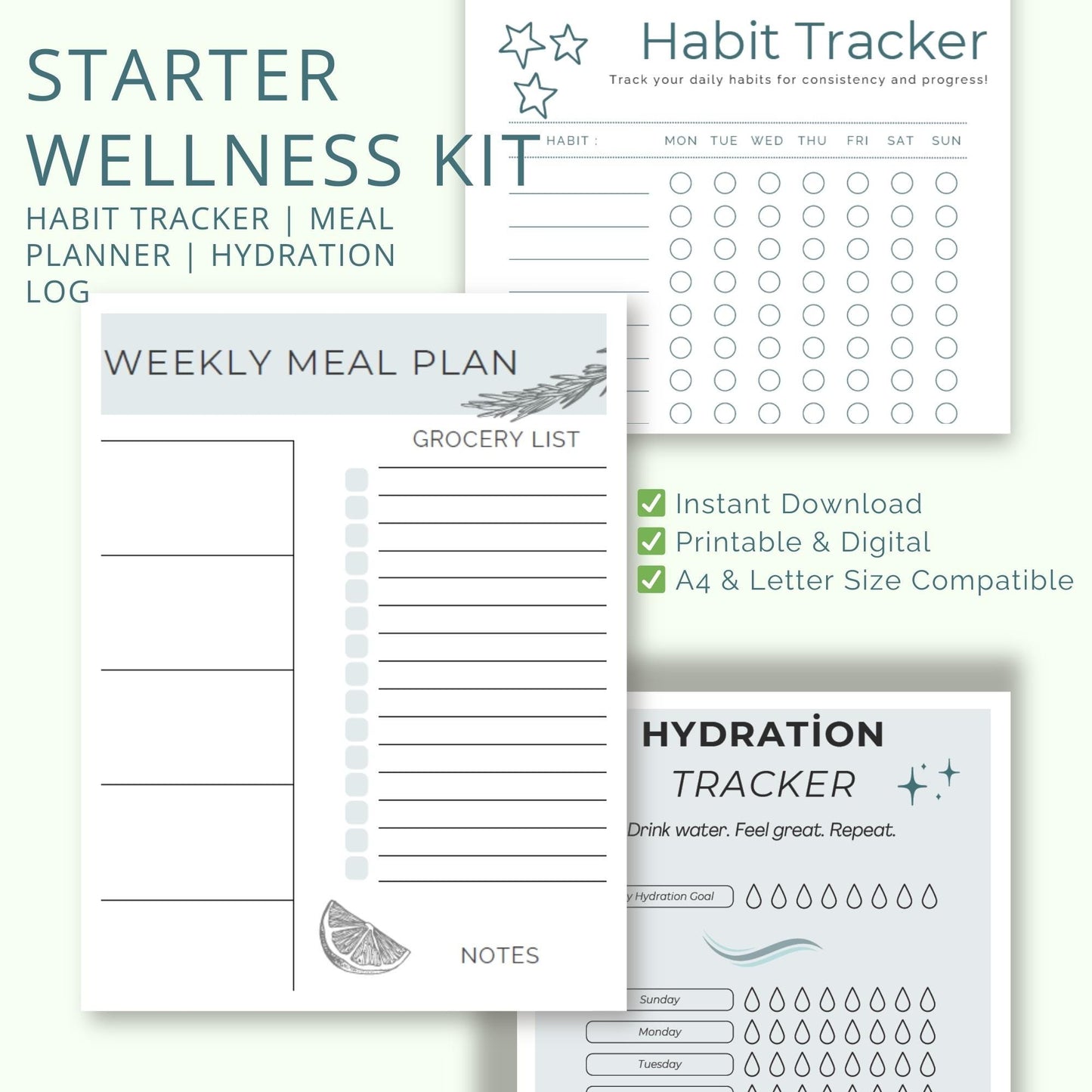 Starter Wellness Kit – Habit Tracker | Meal Planner | Hydration Log (Printable & Digital Download)