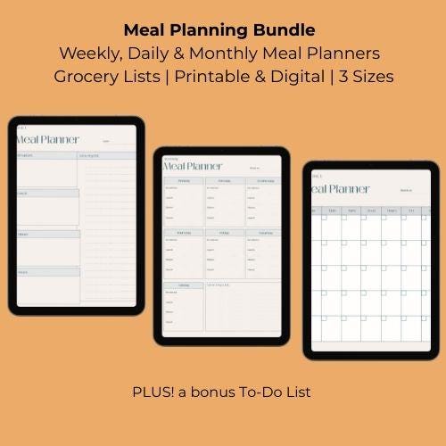 Meal Planning Bundle | Weekly, Daily & Monthly Meal Planners + Grocery Lists | Printable | Digital | 3 Sizes