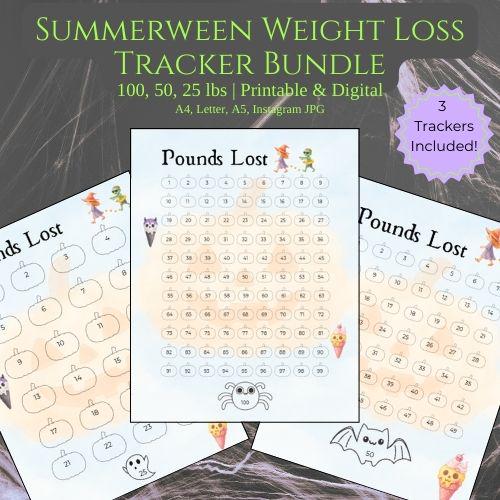 Summerween Weight Loss Tracker Bundle | 100 50 25 lbs Lost | Printable or Digital | A4, Letter, A5 + Instagram | Halloween Fitness Chart