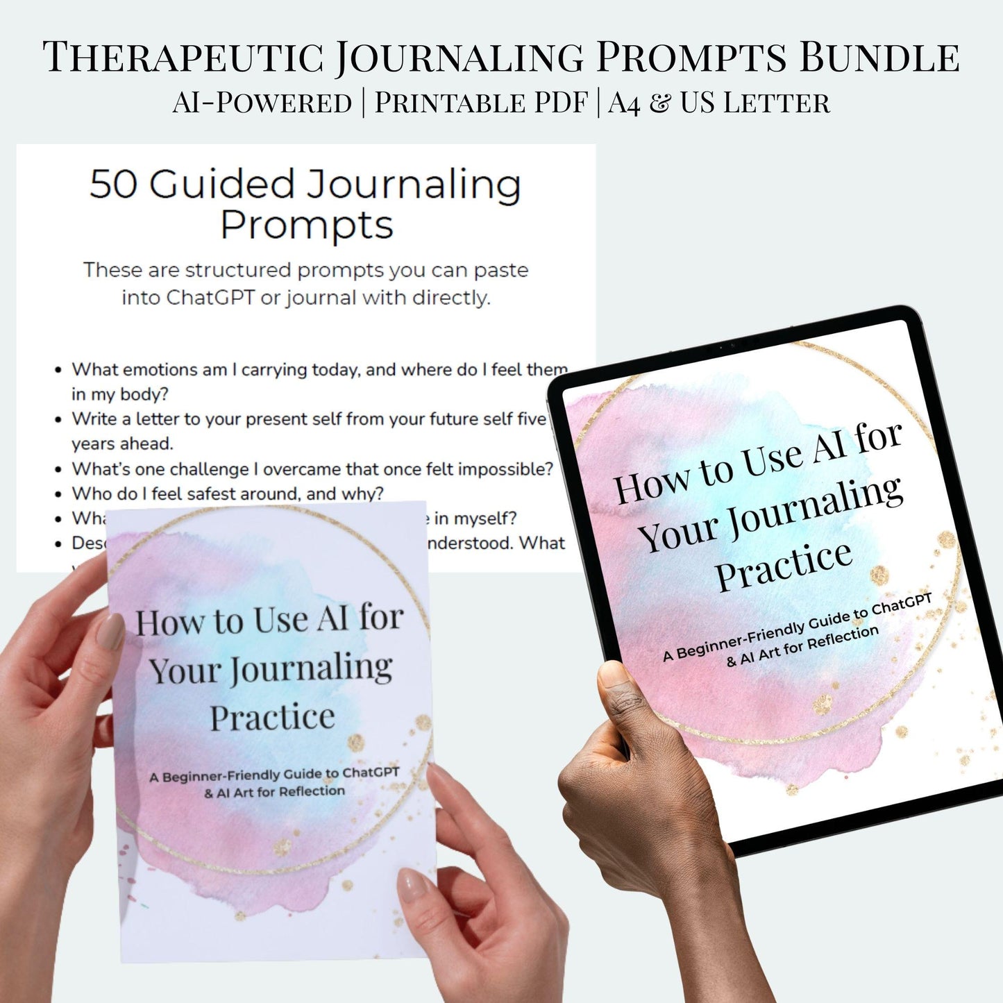 Therapeutic Journaling Prompts Bundle | AI-Powered Self-Reflection, Art Therapy, Gratitude, Goal Setting | Printable PDF | ChatGPT Prompts