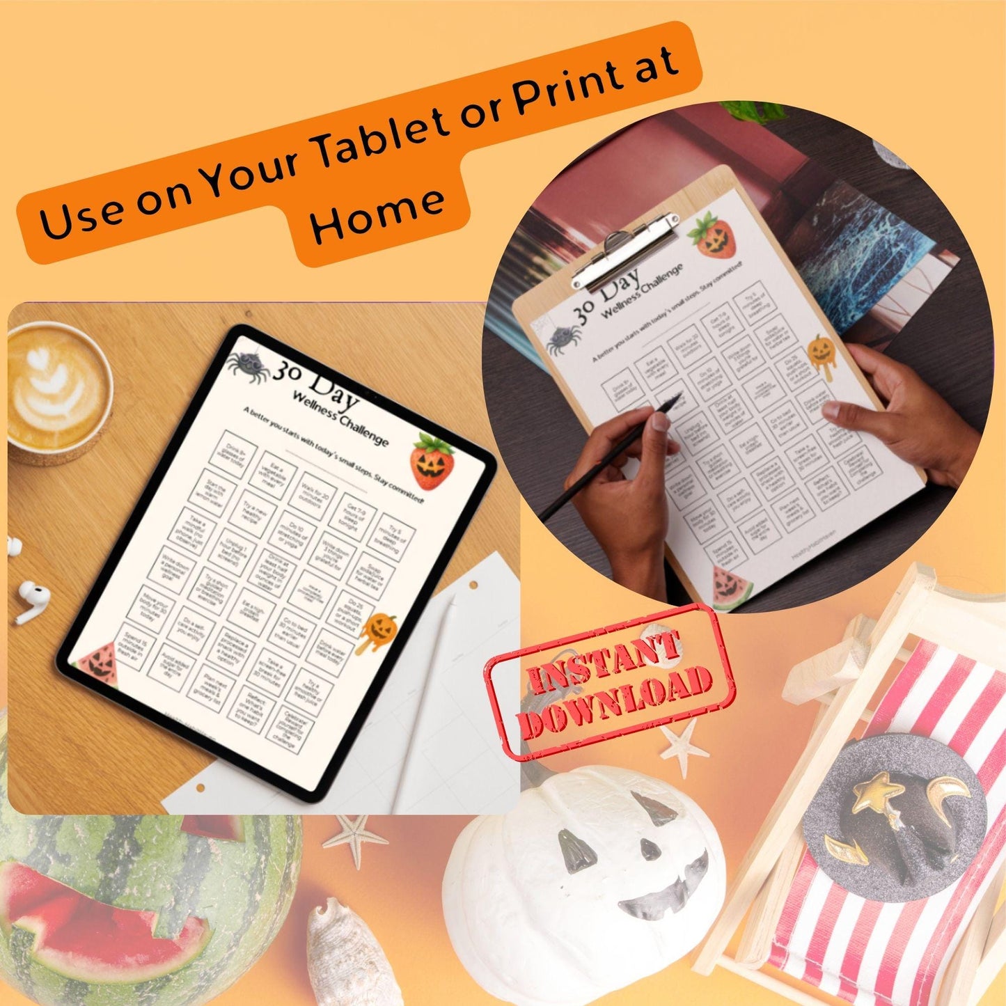 30‑Day Wellness Challenge Habit Tracker PDF | Summerween Self‑Care Calendar