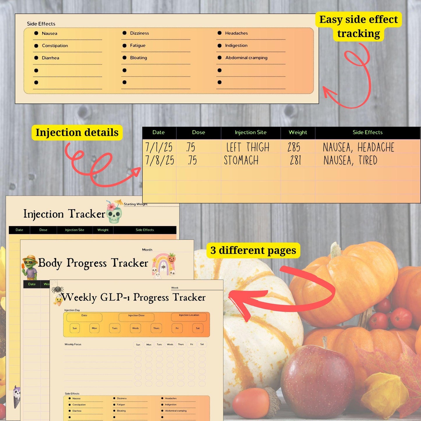 Summerween GLP-1 Weight Loss Tracker: Weekly Injection Log (Printable PDF Planner)