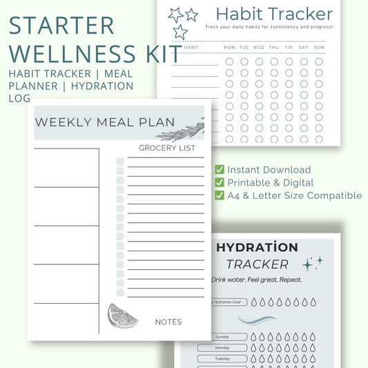 Starter Wellness Kit – Habit Tracker | Meal Planner | Hydration Log (Printable & Digital Download)