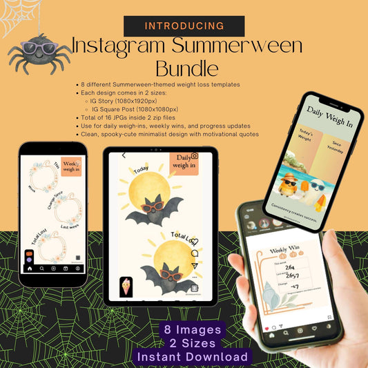 Summerween Instagram Weight Loss Sharing Bundle | Spooky Cute Daily & Weekly Weigh-In Templates | IG Story Post Tracker