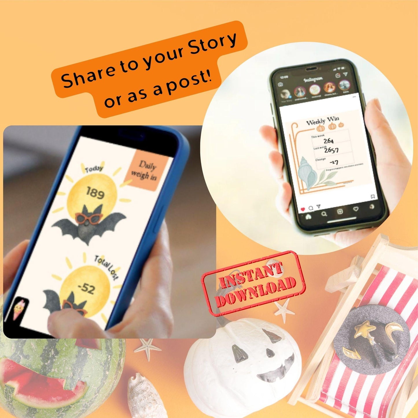 Summerween Instagram Weight Loss Sharing Bundle | Spooky Cute Daily & Weekly Weigh-In Templates | IG Story Post Tracker