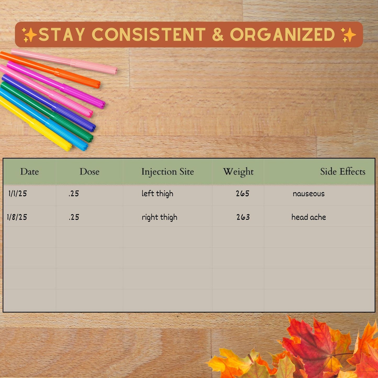 Fall GLP-1 Weight Loss Tracker | Autumn Printable Injection Log & Progress Journal | US Letter, A4, A5 Digital Download