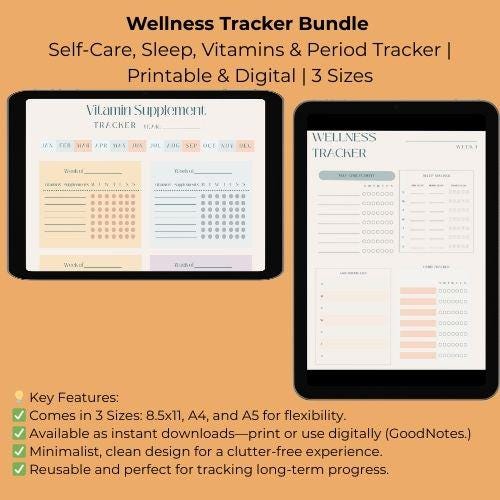 Wellness Tracker Bundle | Self-Care, Sleep, Vitamins & Period Tracker | Printable | Digital | 3 Sizes