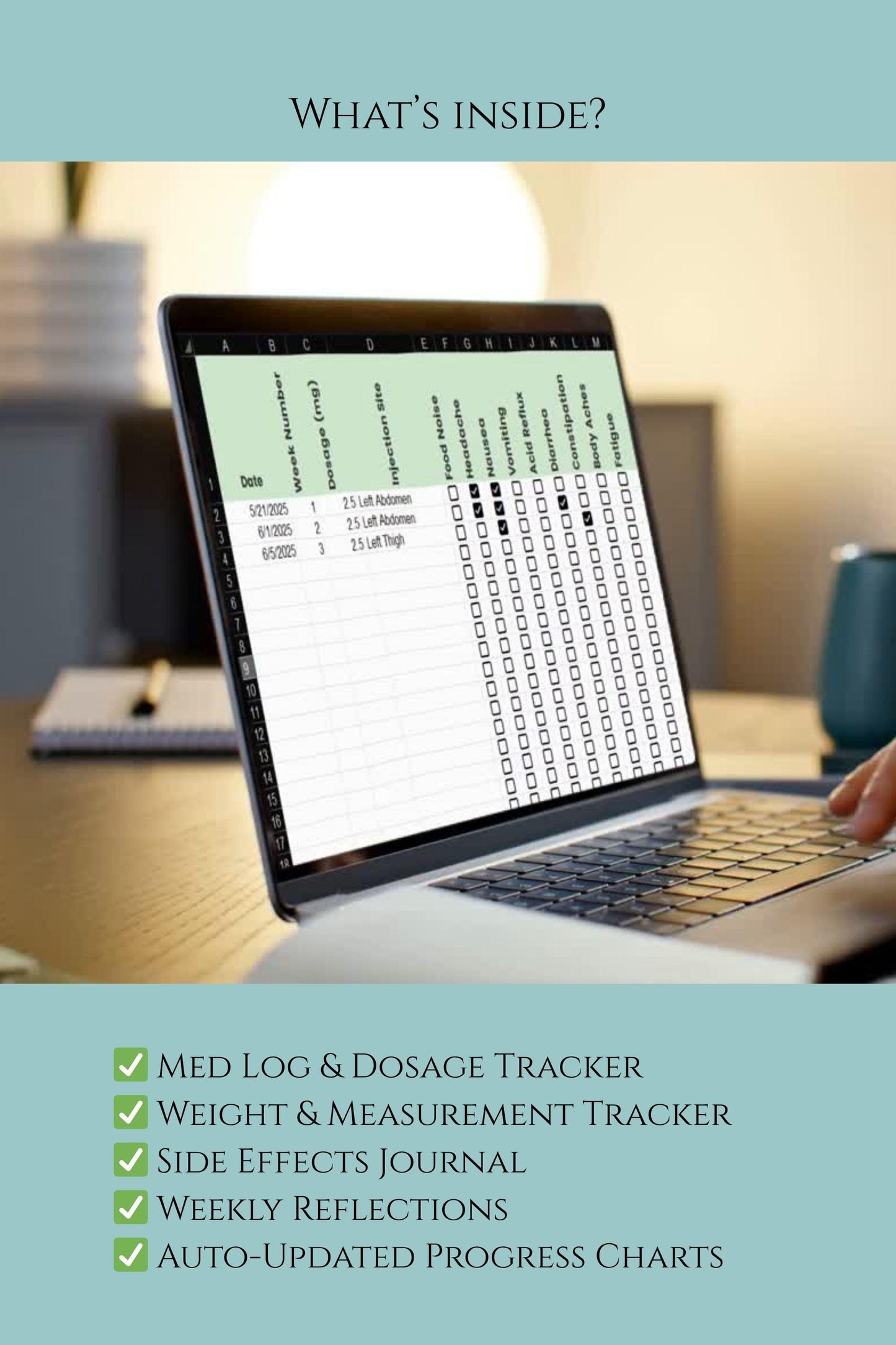 Advanced GLP-1 Tracker for Weight Loss & Meds | Ozempic Mounjaro Side Effect Log | Digital Google Sheets Journal