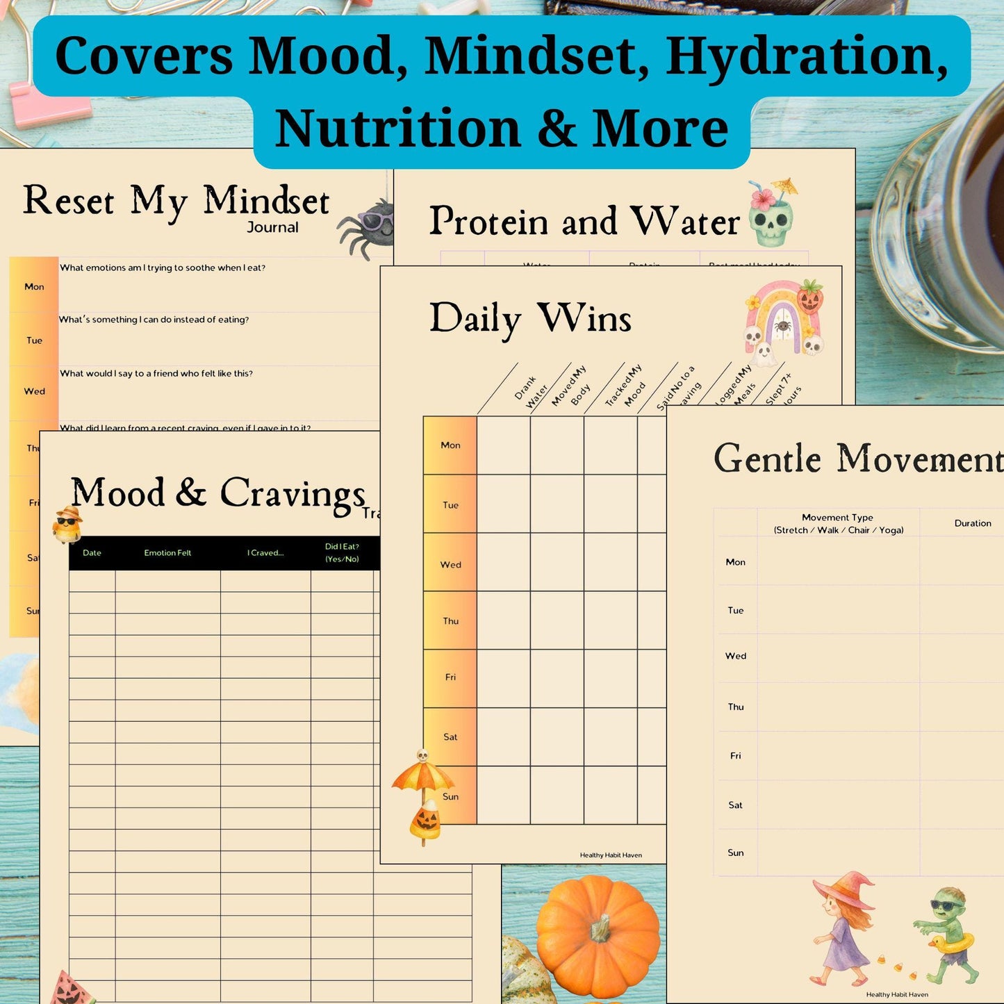 Summerween Wellness Tracker Bundle: Mood, Movement, Mindset (Printable PDF A4/US Letter/A5)
