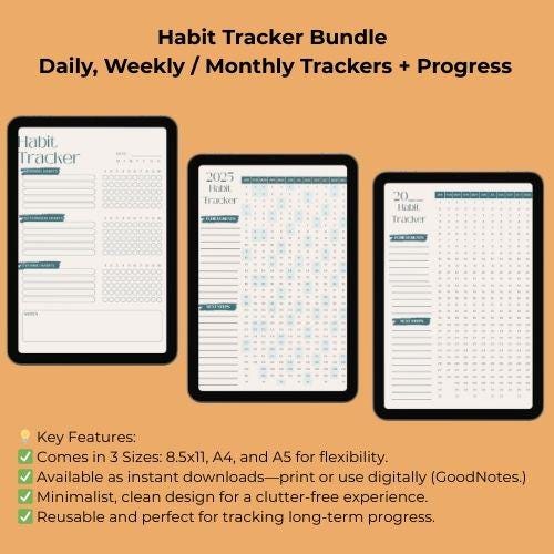 Habit Tracker Bundle | Daily, Weekly & Monthly Trackers + Progress + Achievements | Printable | Digital | 3 Sizes