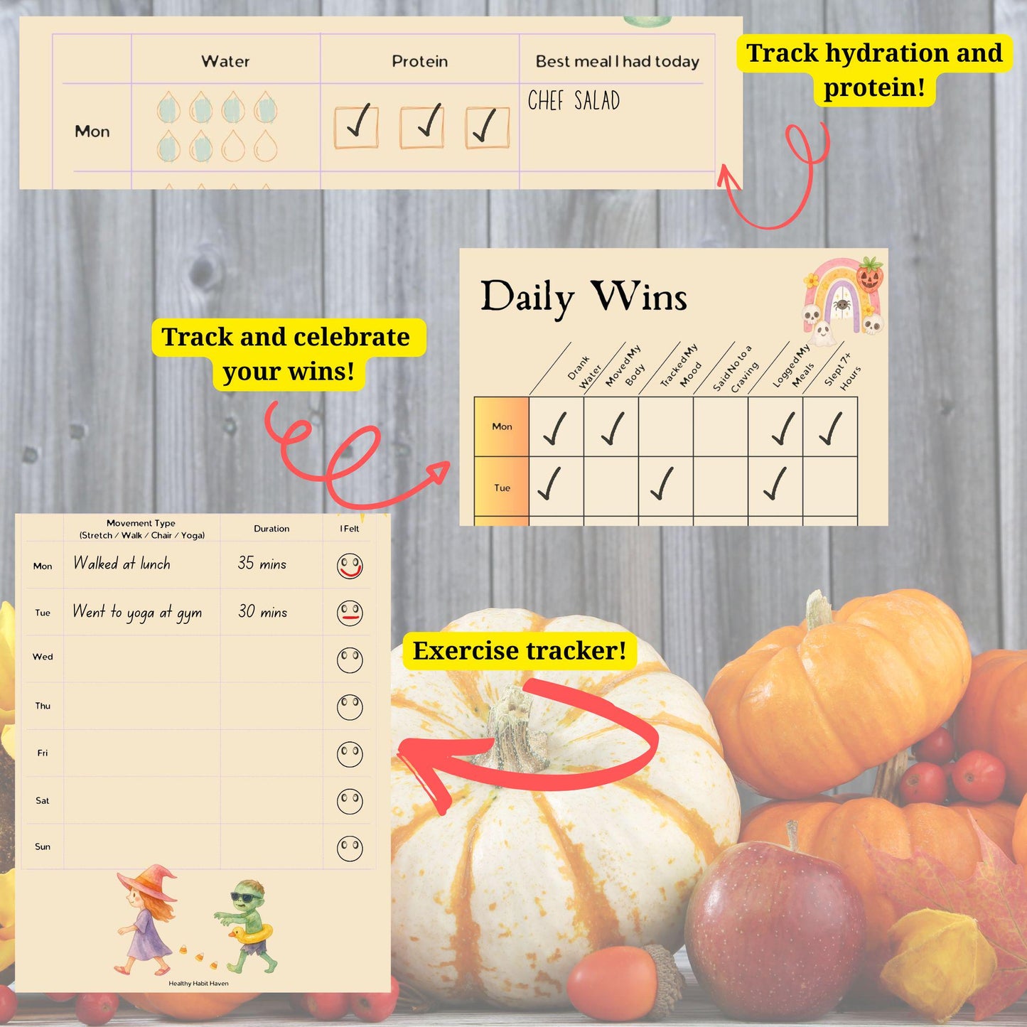 Summerween Wellness Tracker Bundle: Mood, Movement, Mindset (Printable PDF A4/US Letter/A5)