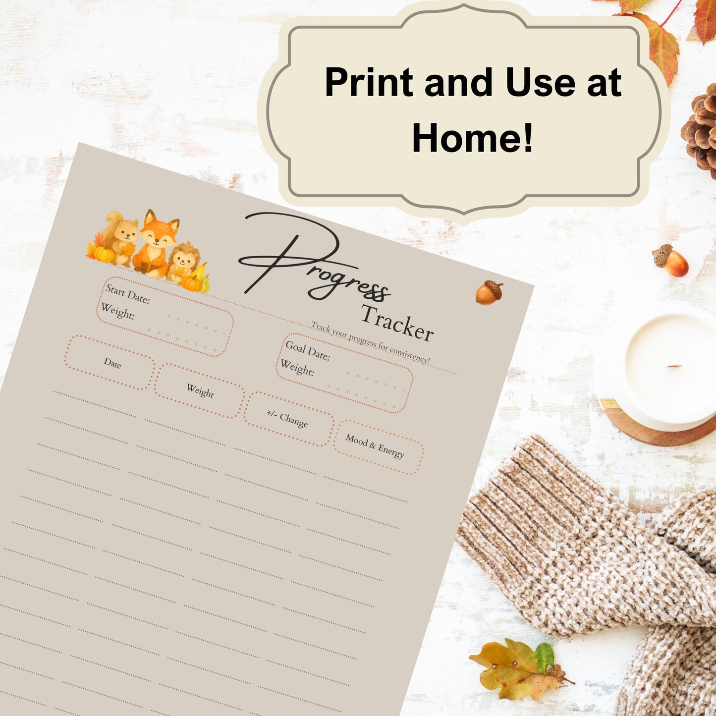 Fall Progress Tracker Printable | Weight & Wellness Log | US Letter, A4, A5 Digital Download