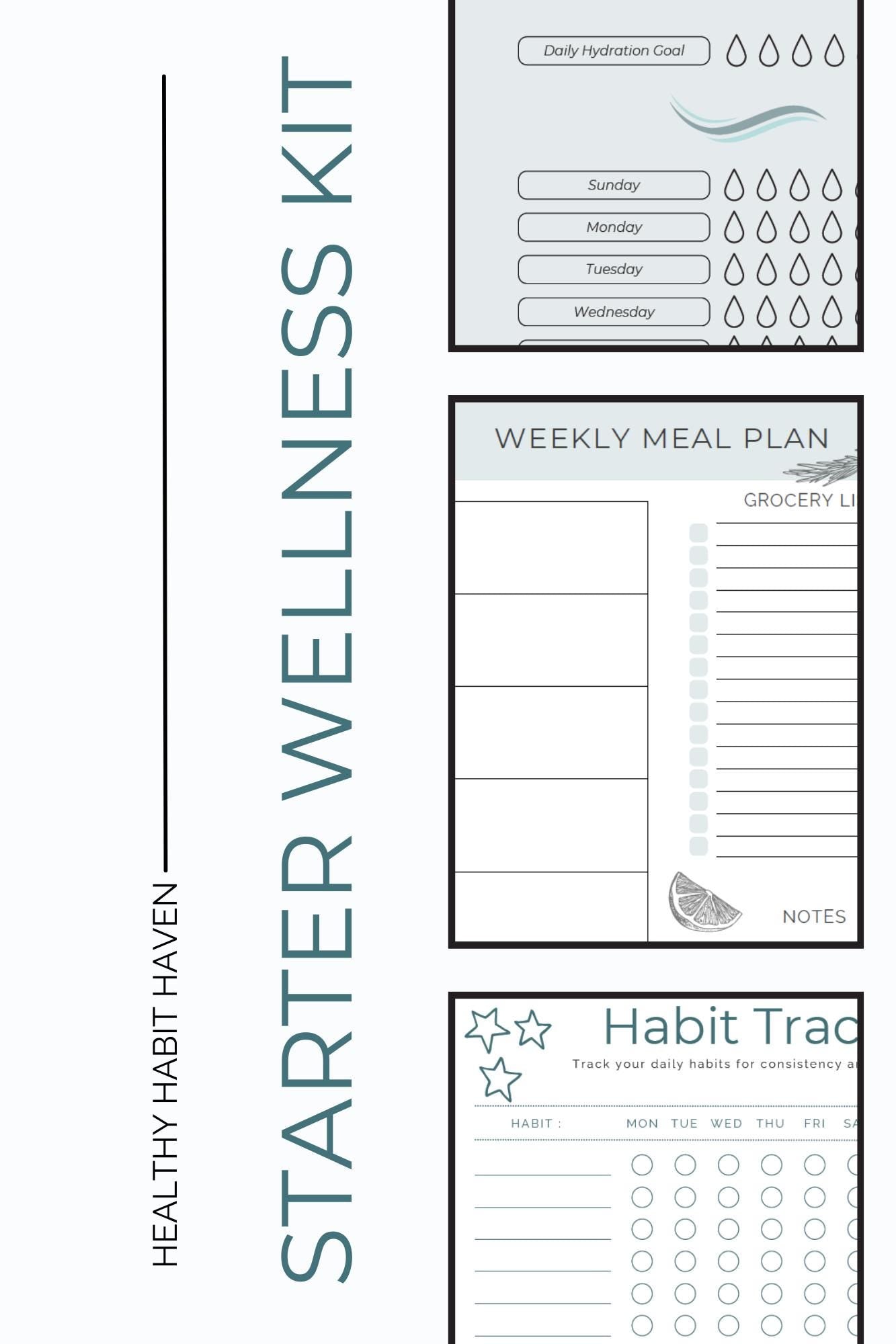 Starter Wellness Kit – Habit Tracker | Meal Planner | Hydration Log (Printable & Digital Download)