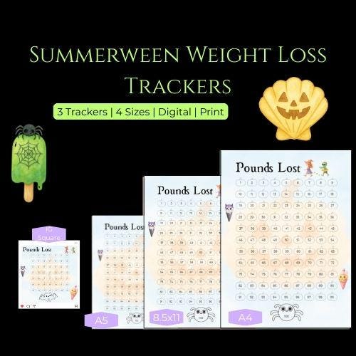 Summerween Weight Loss Tracker Bundle | 100 50 25 lbs Lost | Printable or Digital | A4, Letter, A5 + Instagram | Halloween Fitness Chart