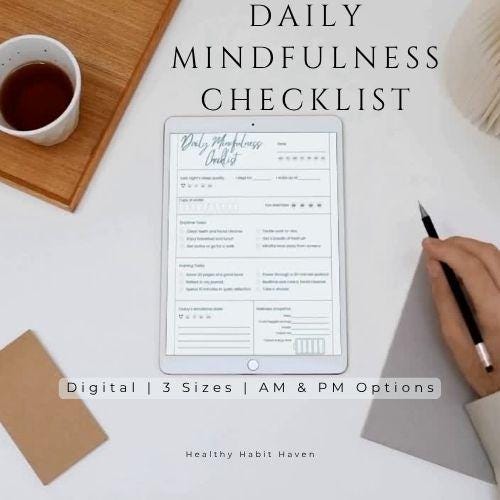 Mindfulness Checklist: Daily Habit Tracker, Wellness Planner (PDF Download)