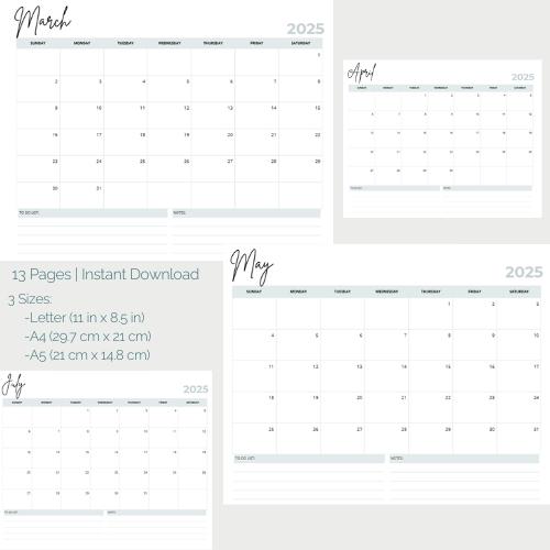 2025-2026 Printable Minimalist Calendar | Clean & Simple Sunday Start Planner | A4, A5, Letter Size PDF
