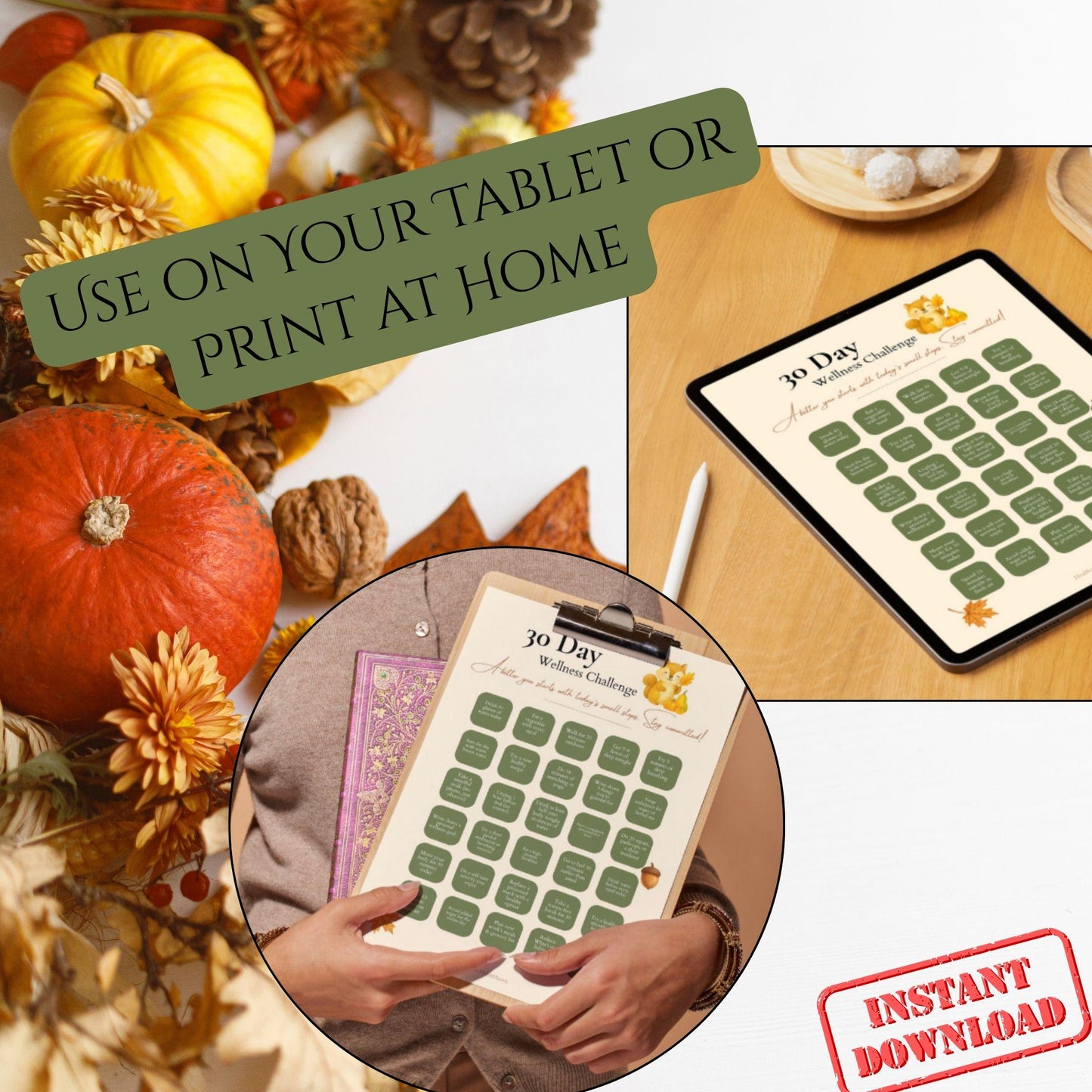 Fall 30-Day Wellness Challenge | Autumn-Inspired Daily Habit Tracker | US Letter, A4 & A5 Digital Download