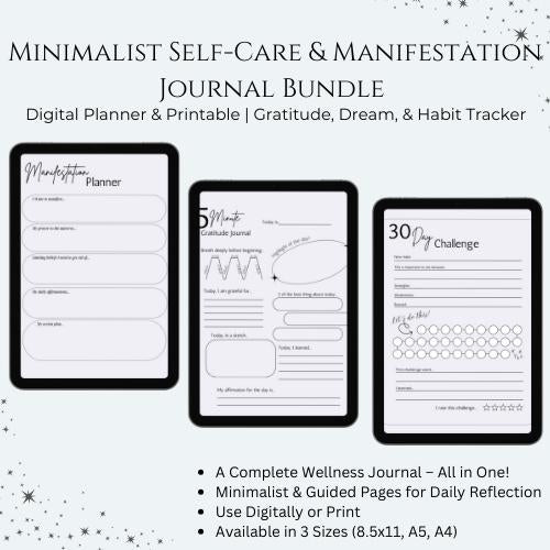 Minimalist Self-Care & Manifestation Journal Bundle | Digital Planner or Printable | Gratitude, Dream,  Habit Tracker