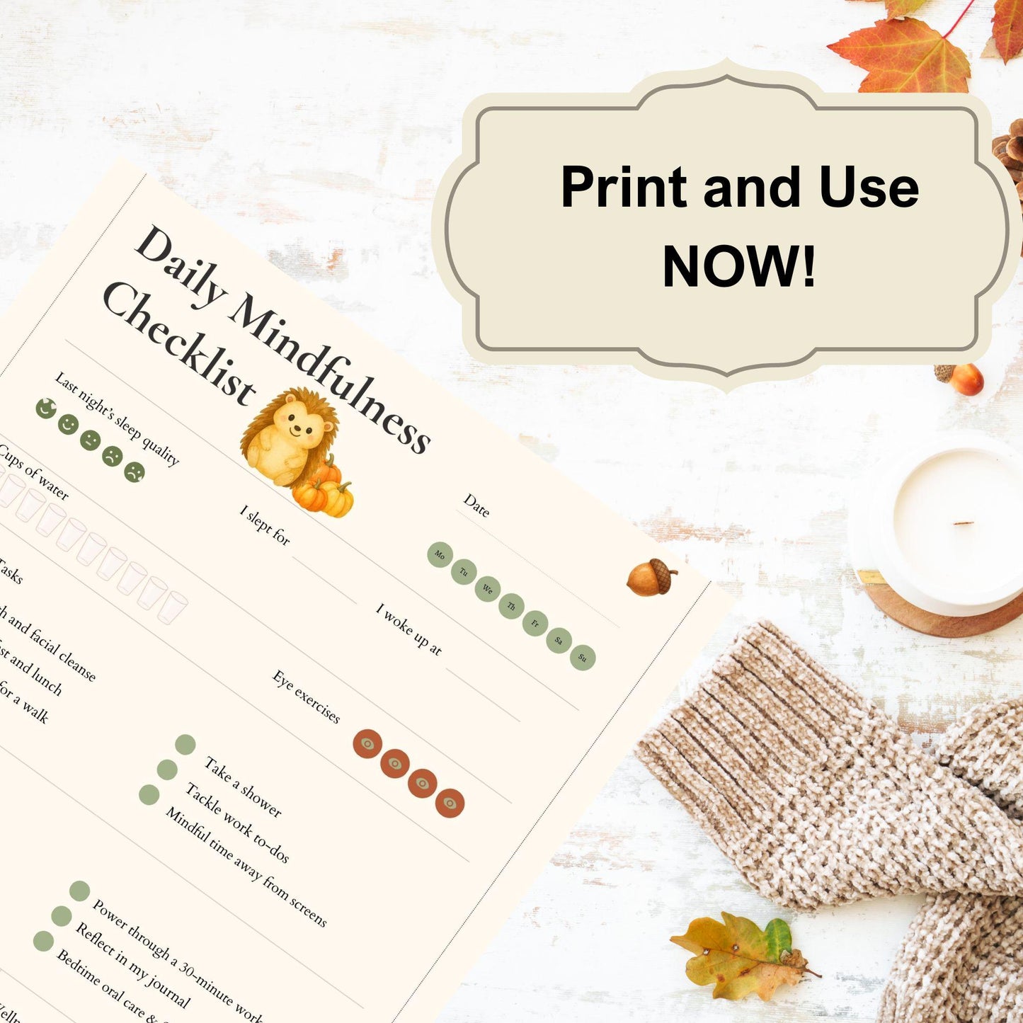 Fall Mindfulness Checklist | Daily Wellness Planner & Self-Care Tracker | US Letter, A4, A5 Digital Download